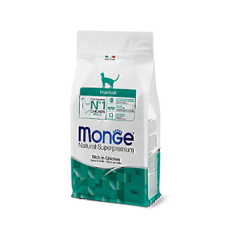 غذای خشک دفع کننده‌ی گلوله مویی گربه مونژ با طعم مرغ Monge Hairball Cat Food With Chicken وزن 1.5 کیلوگرم