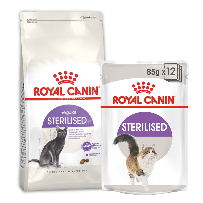 بسته غذای خشک و تر گربه عقیم شده رویال کنین Royal Canin Sterilised وزن 2 کیلو گرم و 85 گرم