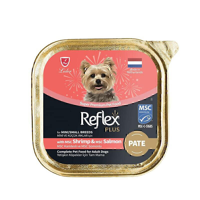غذای کاسه‌ای سگ بالغ نژاد کوچک رفلکس پلاس پته با طعم میگو و ماهی سالمون Reflex Plus Pate Dog Food With Shrimp & Salmon وزن ۸۵ گرم