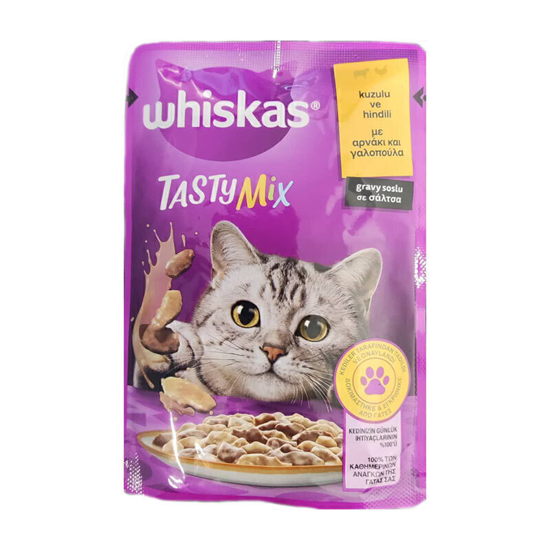 پوچ گربه ویسکاس با طعم میکس بره و بوقلمون در سس Whiskas Tasty Mix With Lamb & Turkey in Gravy وزن 85 گرم
