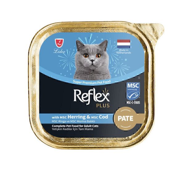 غذای کاسه‌ای گربه بالغ رفلکس پلاس پته با طعم شاه ماهی و ماهی کاد Reflex Plus Pate Cat Food With Herring & Cod وزن ۸۵ گرم