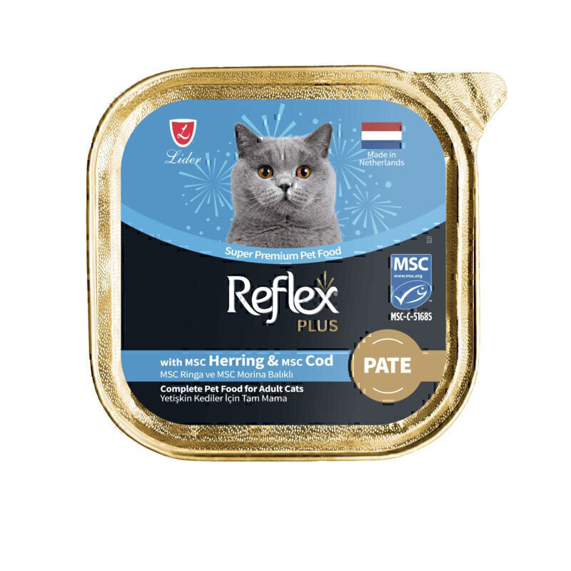 غذای کاسه‌ای گربه بالغ رفلکس پلاس پته با طعم شاه ماهی و ماهی کاد Reflex Plus Pate Cat Food With Herring & Cod وزن ۸۵ گرم