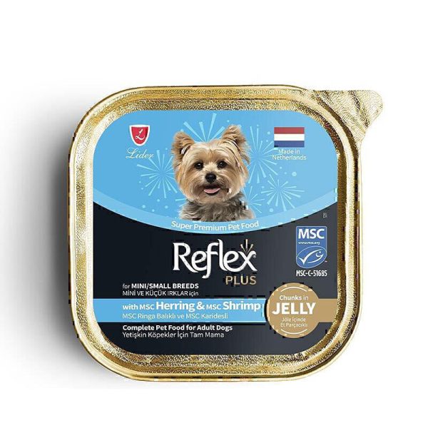 غذای کاسه‌ای سگ بالغ نژاد کوچک رفلکس پلاس با طعم شاه ماهی و میگو در ژله Reflex Plus Dog Food With Herring & Shrimp in Jelly وزن ۸۵ گرم