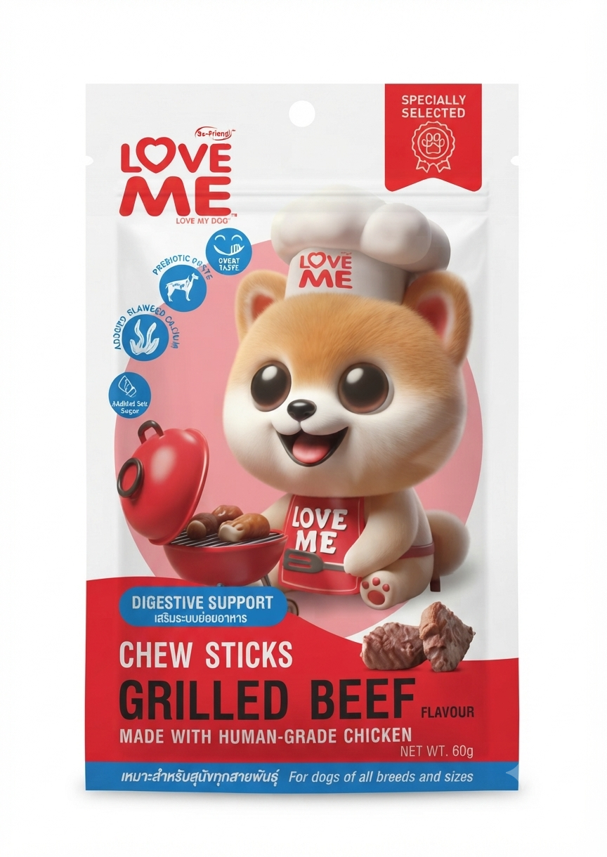 تشویقی سگ لاو می طعم گوشت گاو گریل شده Love Me Grilled Beef Dog Chew Sticks وزن 60 گرم