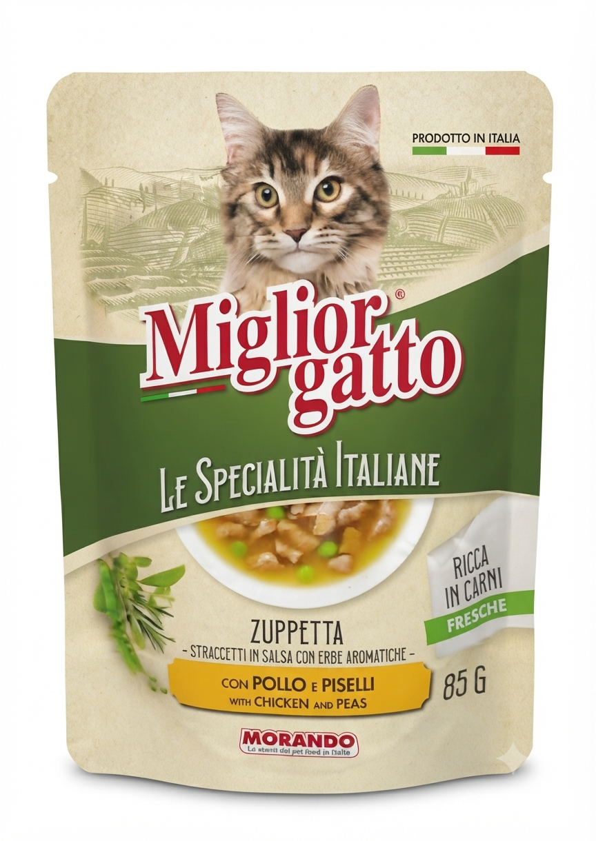 پوچ گربه مرغ و نخود فرنگی میگلیور گاتو Miglior Gatto وزن 85 گرم