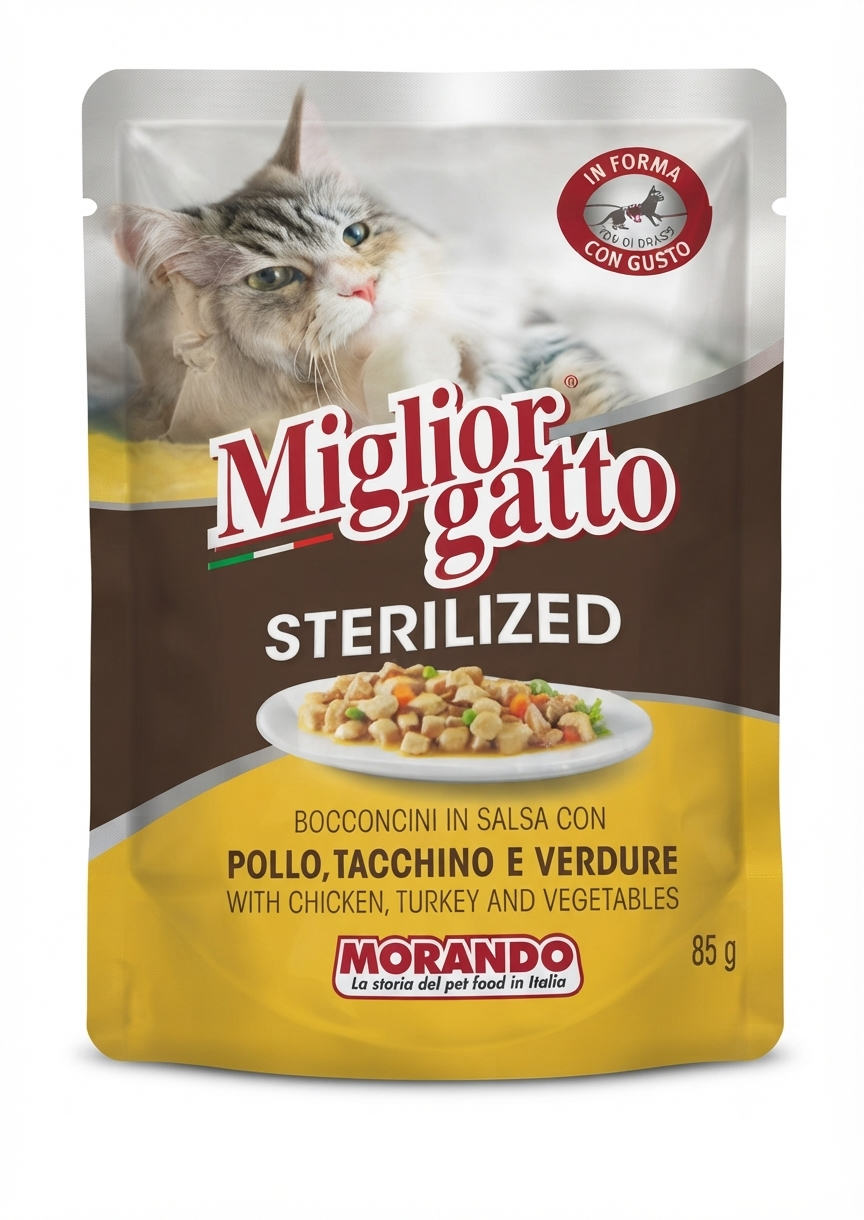 پوچ گربه مرغ و بوقلمون و سبزیجات میگلیور گاتو Miglior Gatto وزن 85 گرم