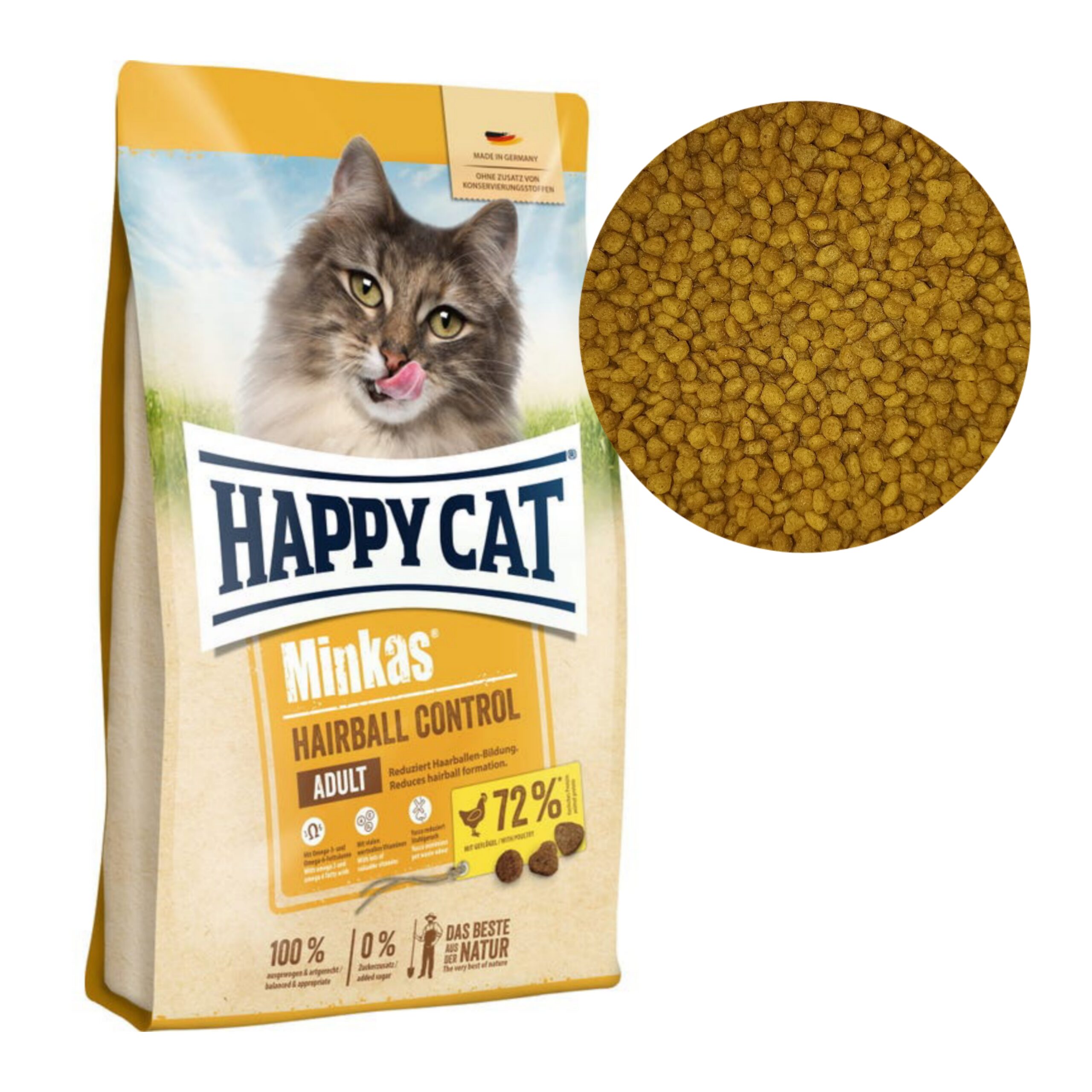 غذای خشک گربه با طعم گوشت مرغ هپی کت مدل Minkas HairBall Control وزن 1 کیلویی فله
